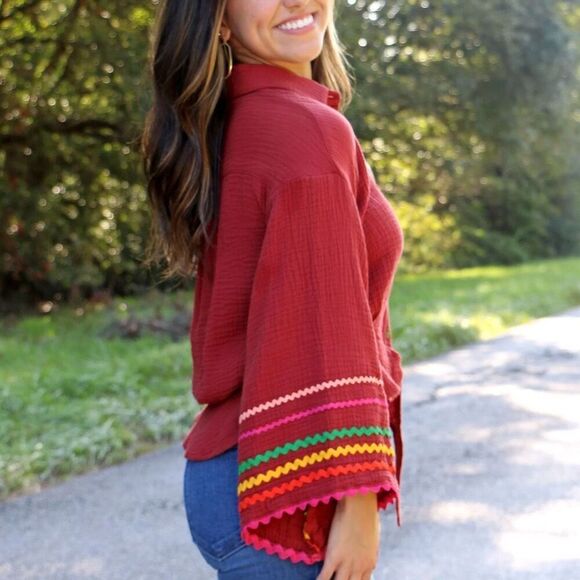 Ivy Jane Gauze Tie Front Bell Sleeve Top Button Front Chevron Terra Cotta Medium - Picture 9 of 10